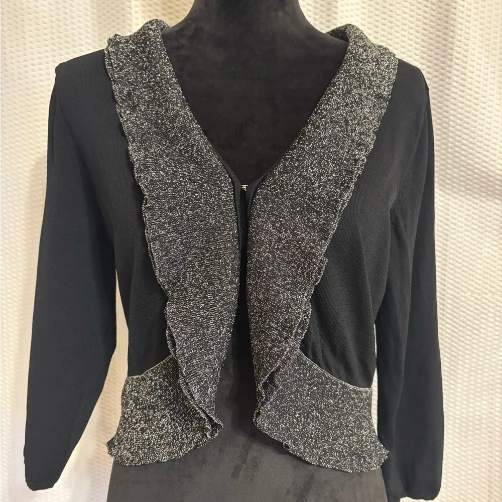 Berek black long sleeve cropped sweater metallic silver-tone criss cross front M